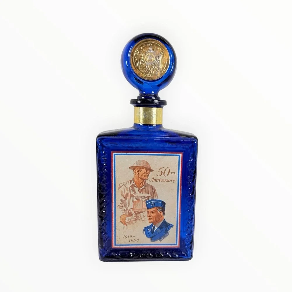 VTG JW Dant American Legion 50th‎ Anniversary Cobalt Blue Glass Whiskey Decanter
